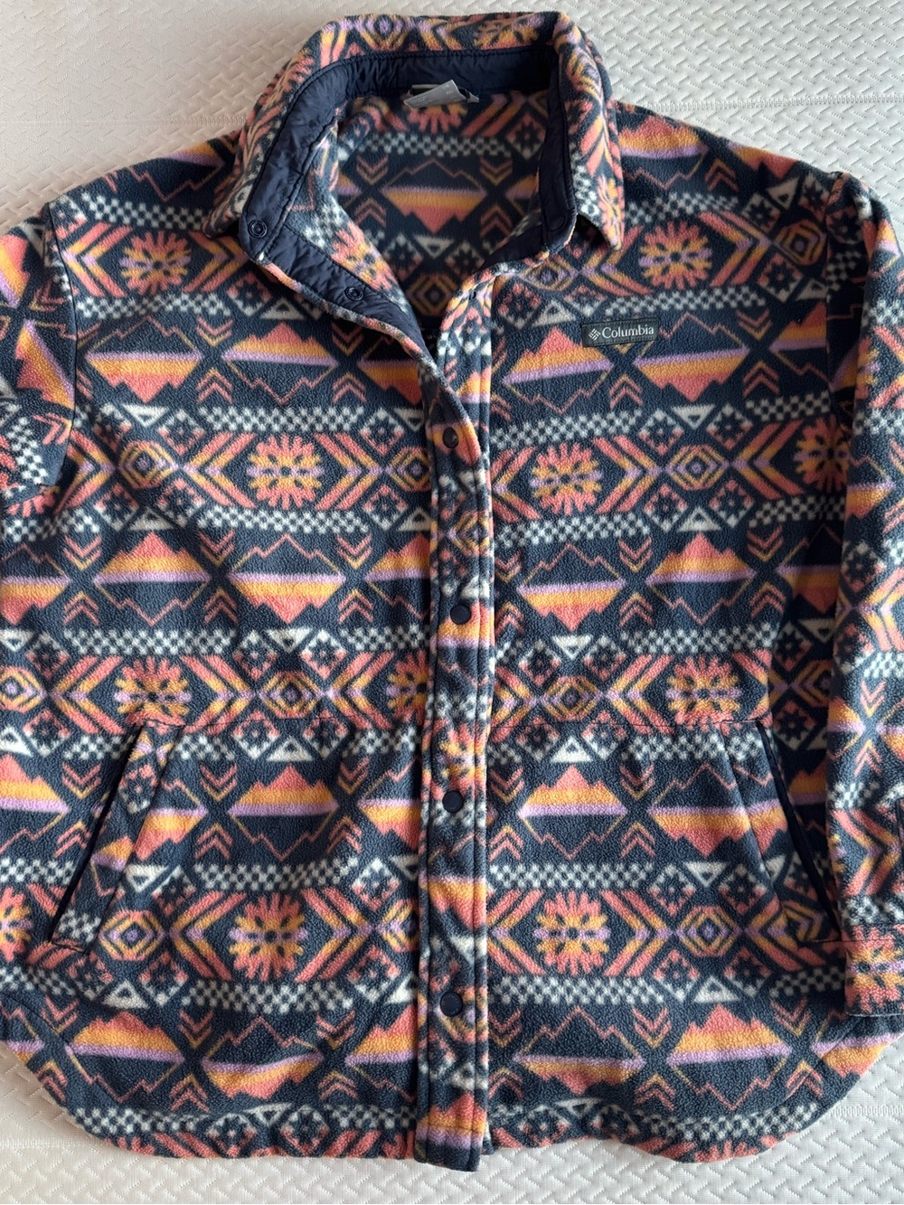 Columbia Vintage Navy, Pink & Orange Aztec Fleece Snap Jacket